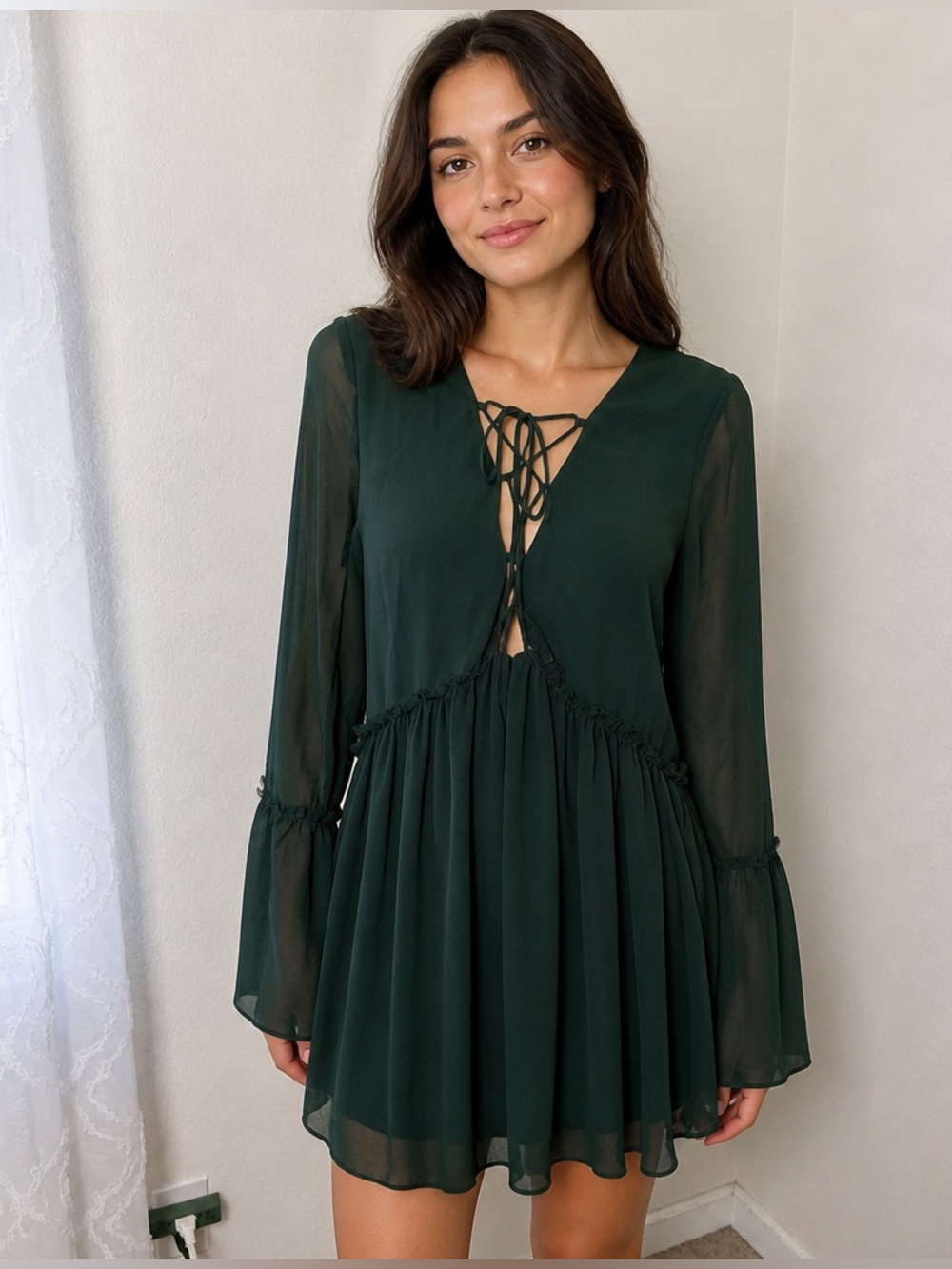 Tobi Womens Size M Forest Green Tie Front Babydoll Dress Sheer Romantic Ren Fair